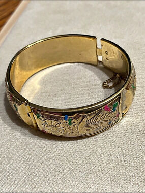 Engraved Floral Bird Cuff Bracelet in Gold